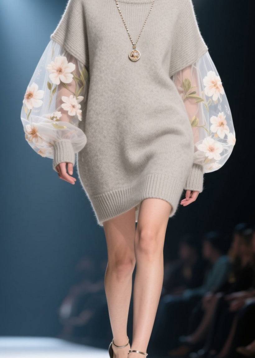 Knit Turtleneck Sheer Embroidered Floral Lantern Sleeve Mini Sweater Dress