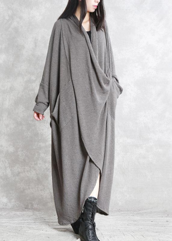 French Grey Pockets Asymmetrical Design Fall Long Sleeve Dress