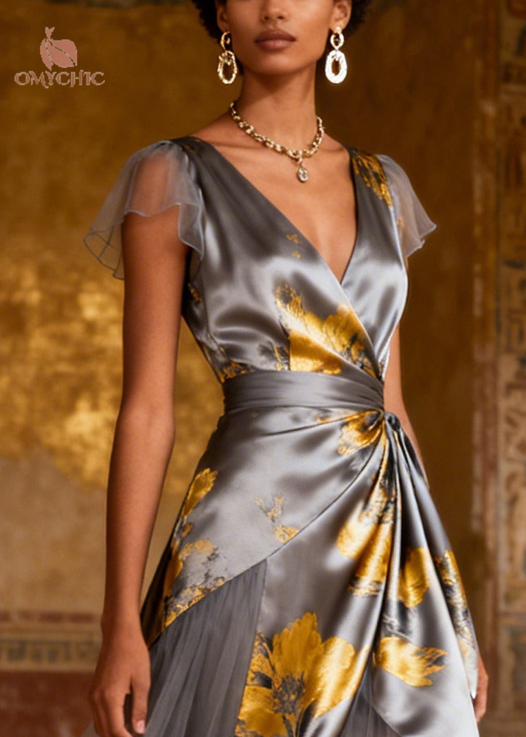 Satin Floral Print Deep V-Neck Flutter Sleeve Tulle Layered Wrap Maxi Gown