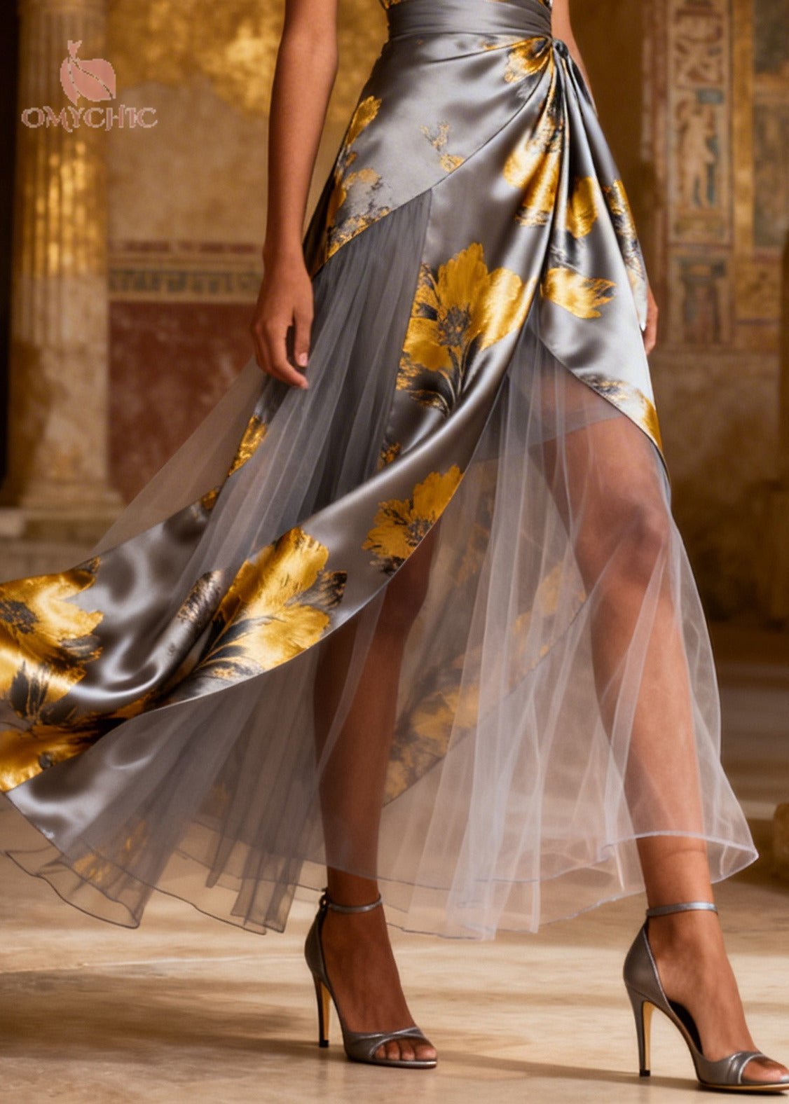 Satin Floral Print Deep V-Neck Flutter Sleeve Tulle Layered Wrap Maxi Gown