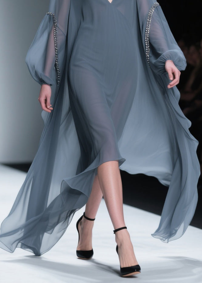 Chiffon Deep V-Neck Rhinestone Bishop Sleeve High Low Cape Overlay Maxi Gown