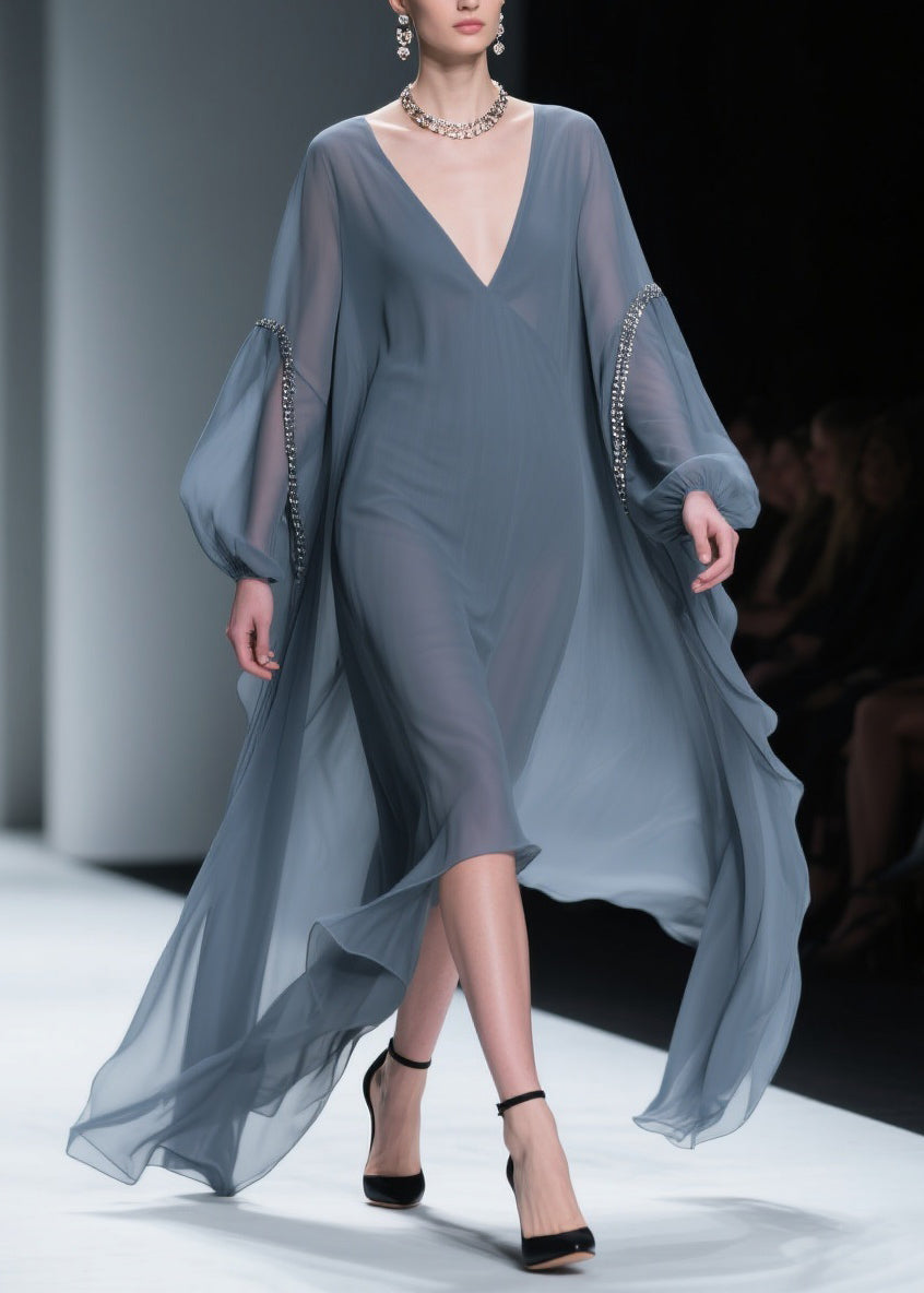 Chiffon Deep V-Neck Rhinestone Bishop Sleeve High Low Cape Overlay Maxi Gown