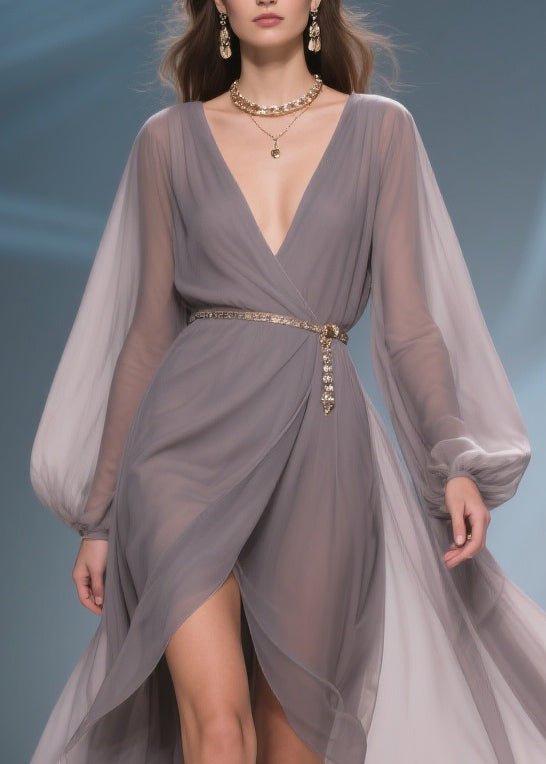 Chiffon Wrap Deep V-Neck Bishop Sleeve Chain Pendant Belt High Split Maxi Gown