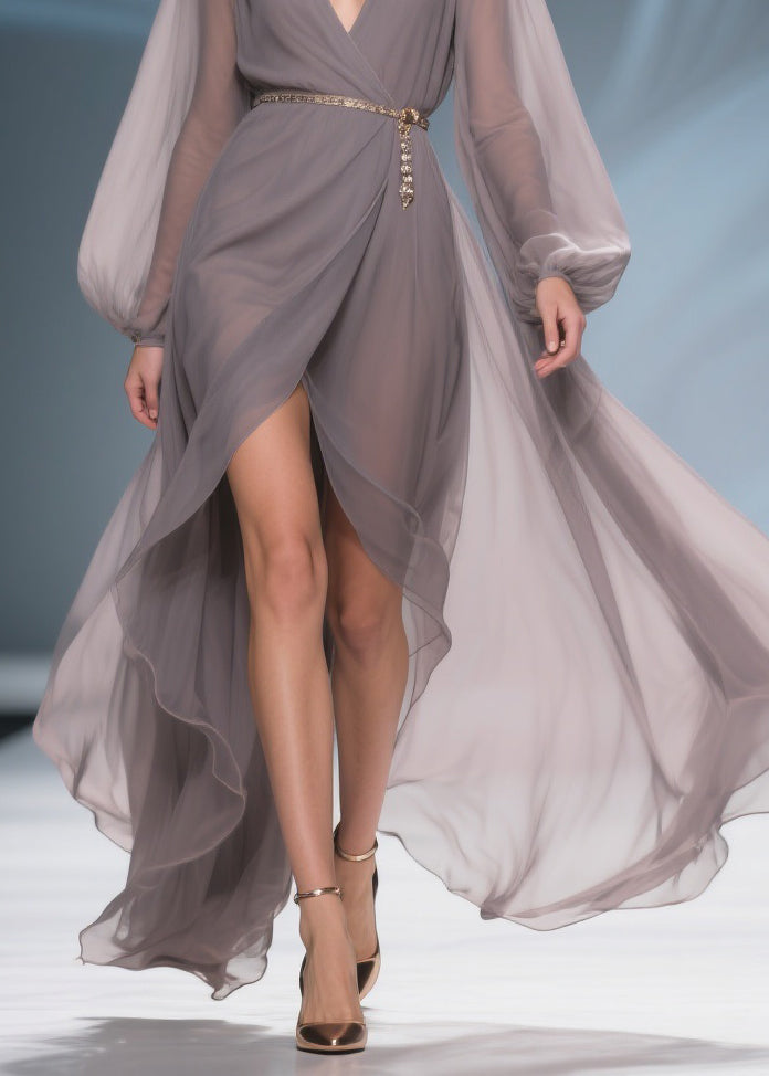 Chiffon Wrap Deep V-Neck Bishop Sleeve Chain Pendant Belt High Split Maxi Gown
