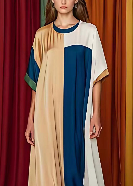 Geometric Color Block Crew Neck Kimono Sleeve Oversized Kaftan Maxi Dress