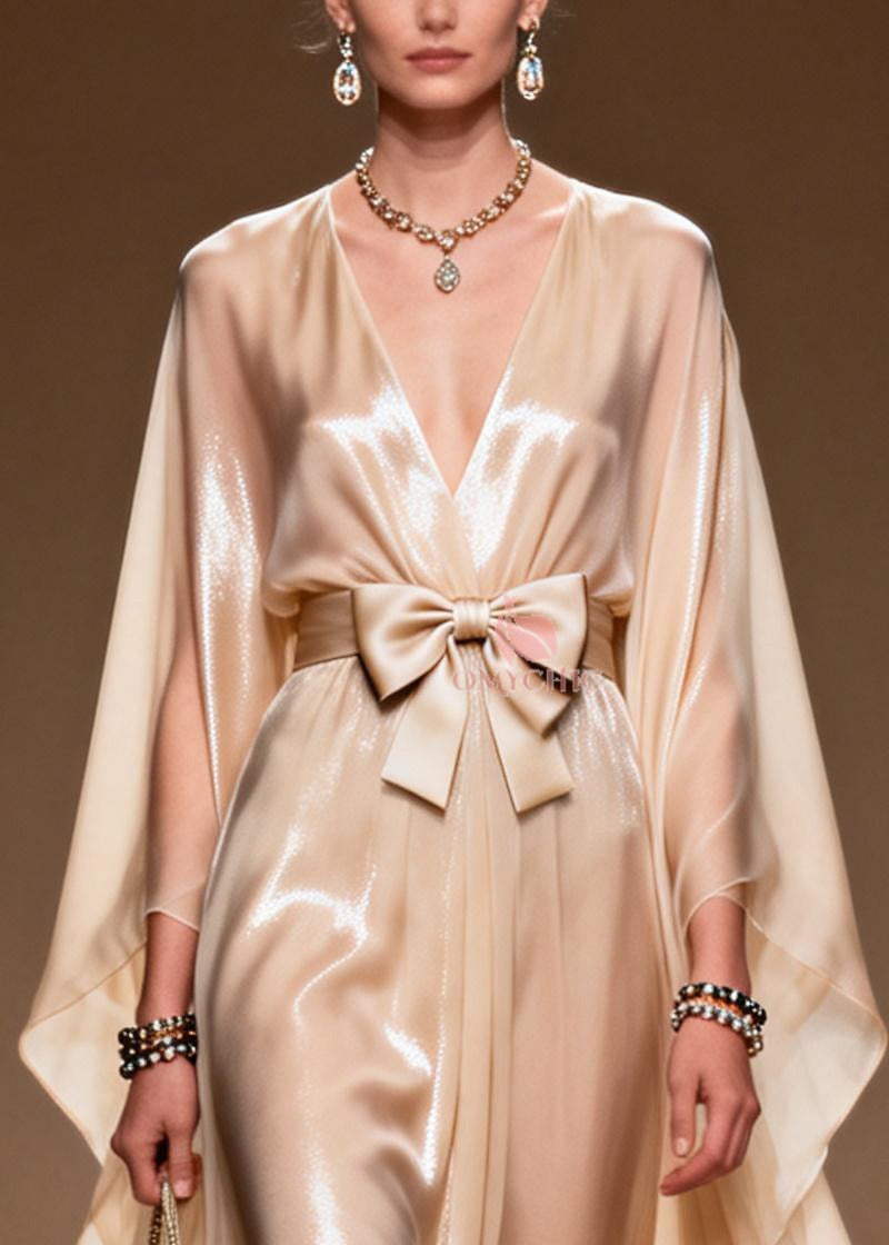 Chiffon Deep V-Neck Cape Sleeve Bow Belt Pleated Sheer Maxi Gown