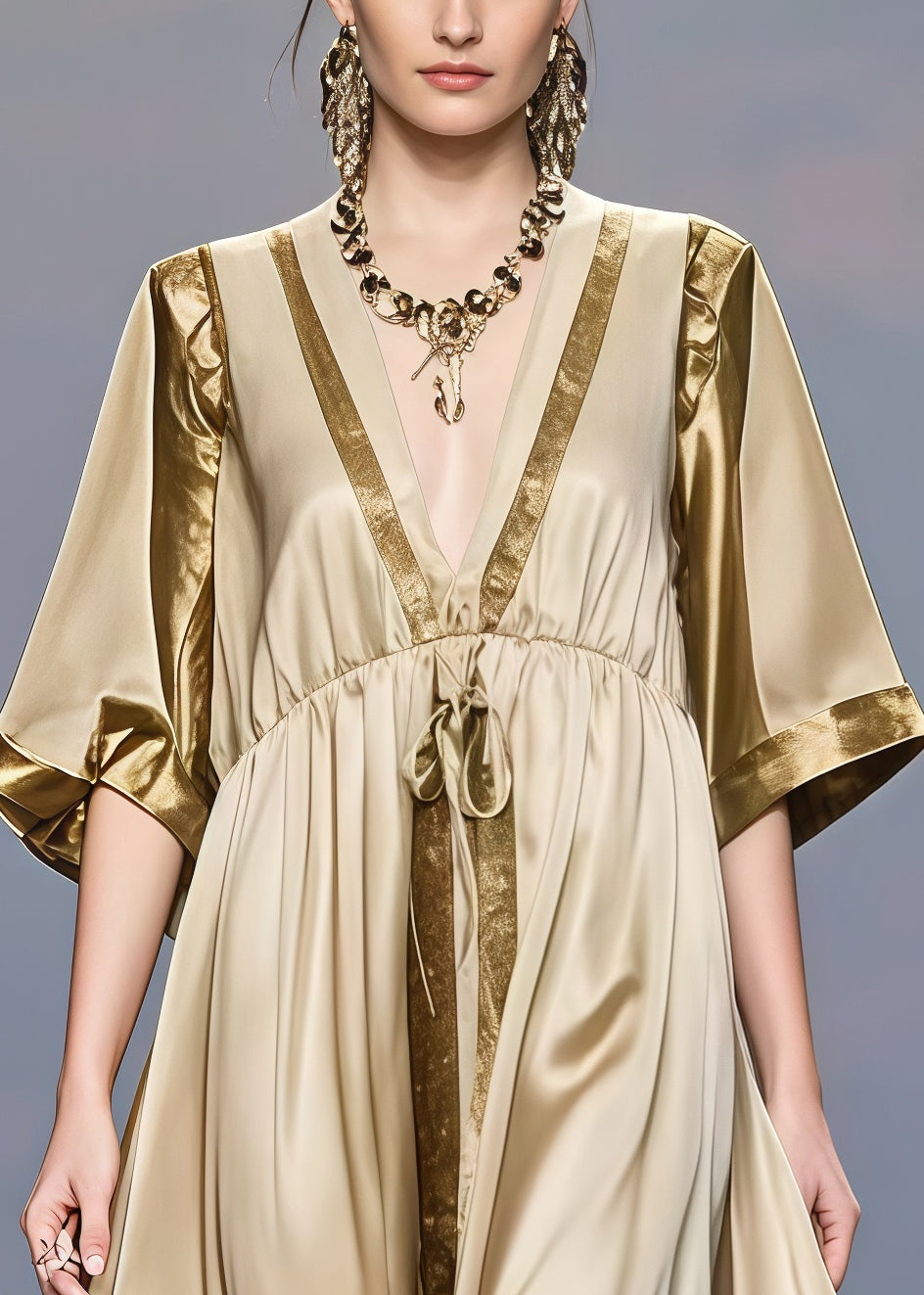 Deep V-Neck Kimono Sleeve Drawstring Empire Waist Tiered Ruffle Maxi Gown