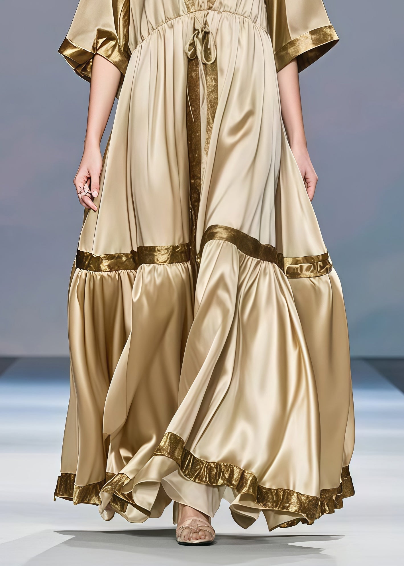 Deep V-Neck Kimono Sleeve Drawstring Empire Waist Tiered Ruffle Maxi Gown