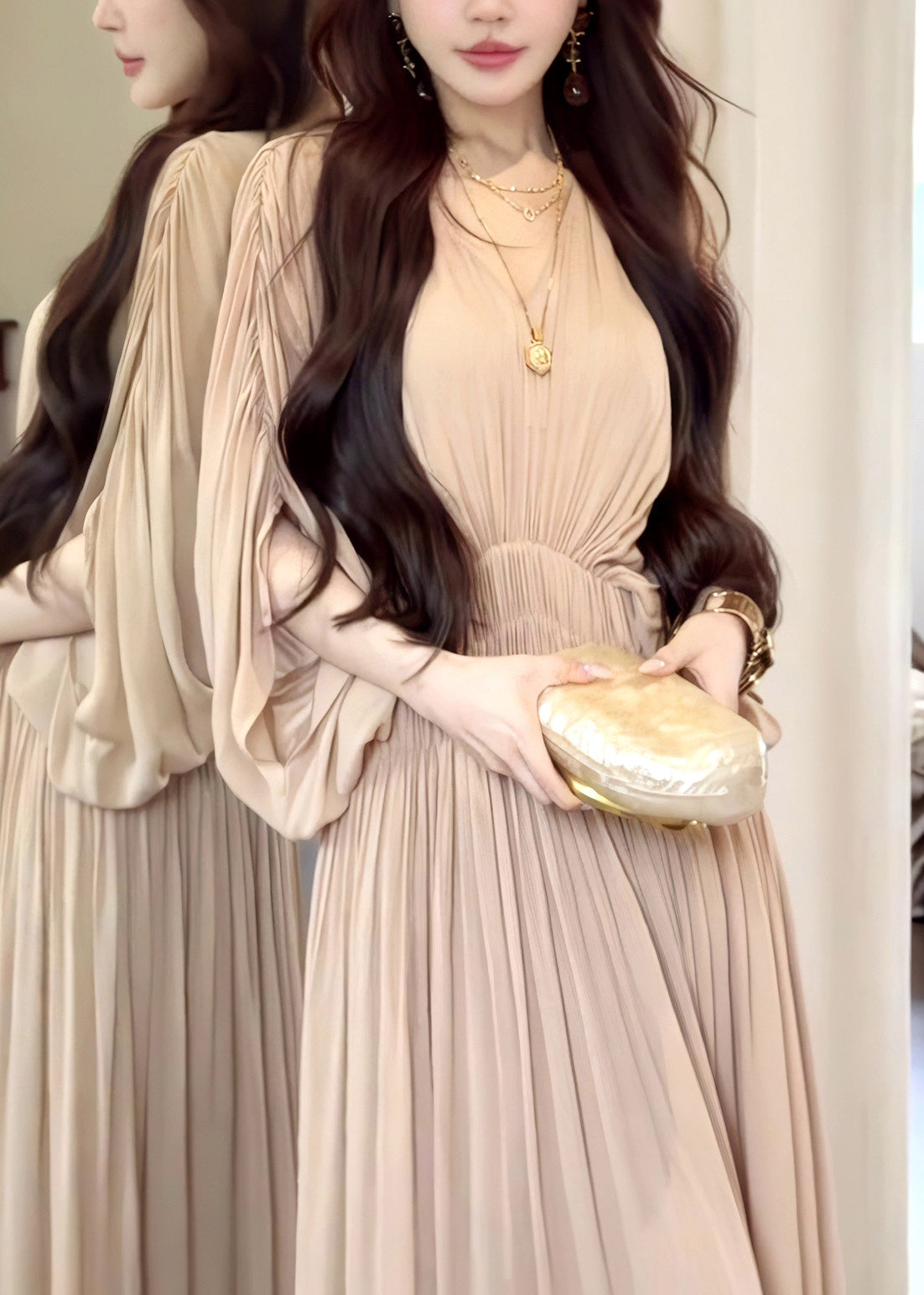 Chiffon Pleated Deep V-Neck Batwing Sleeve Smocked Waist Maxi Dress