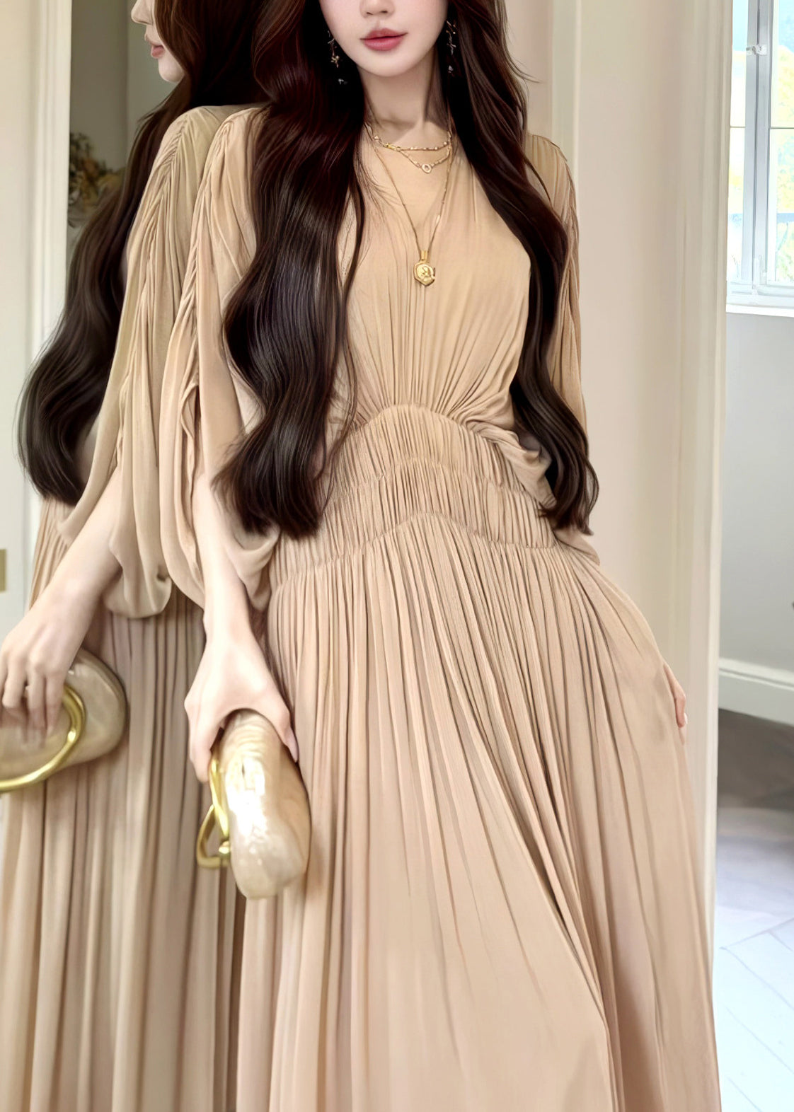 Chiffon Pleated Deep V-Neck Batwing Sleeve Smocked Waist Maxi Dress