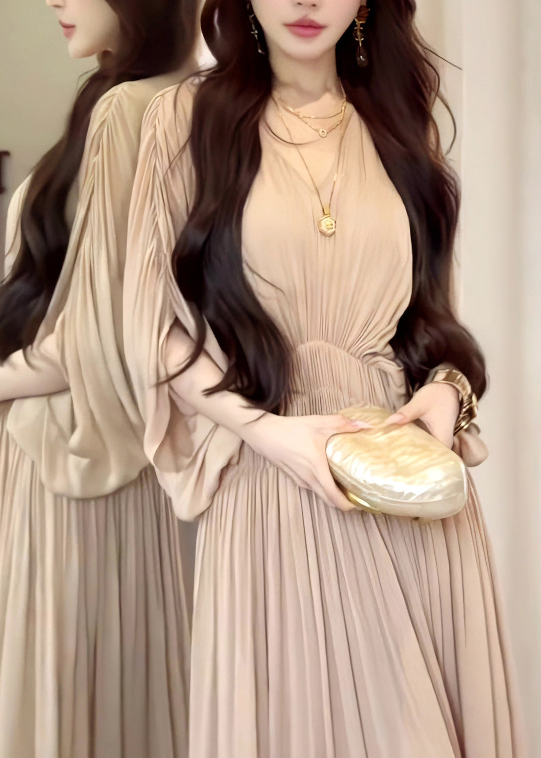 Chiffon Pleated Deep V-Neck Batwing Sleeve Smocked Waist Maxi Dress