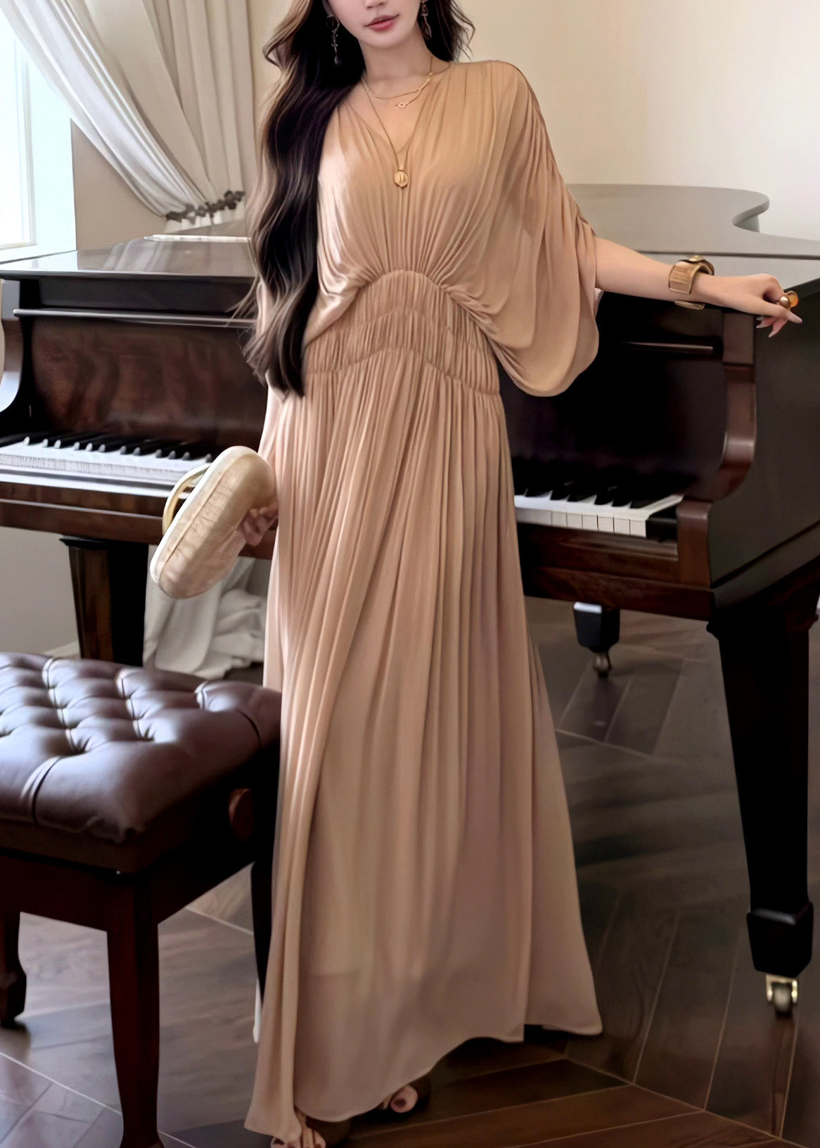 Chiffon Pleated Deep V-Neck Batwing Sleeve Smocked Waist Maxi Dress
