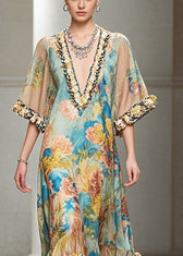 French Khaki Ruffled Print Chiffon Long Dresses Summer 2