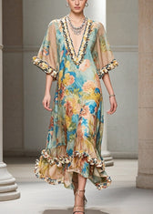 French Khaki Ruffled Print Chiffon Long Dresses Summer 3