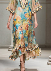 French Khaki Ruffled Print Chiffon Long Dresses Summer 4