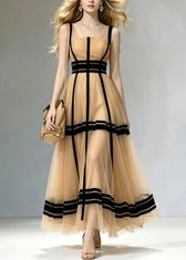 French Khaki Square Collar Patchwork Tulle Maxi Dress Summer 3