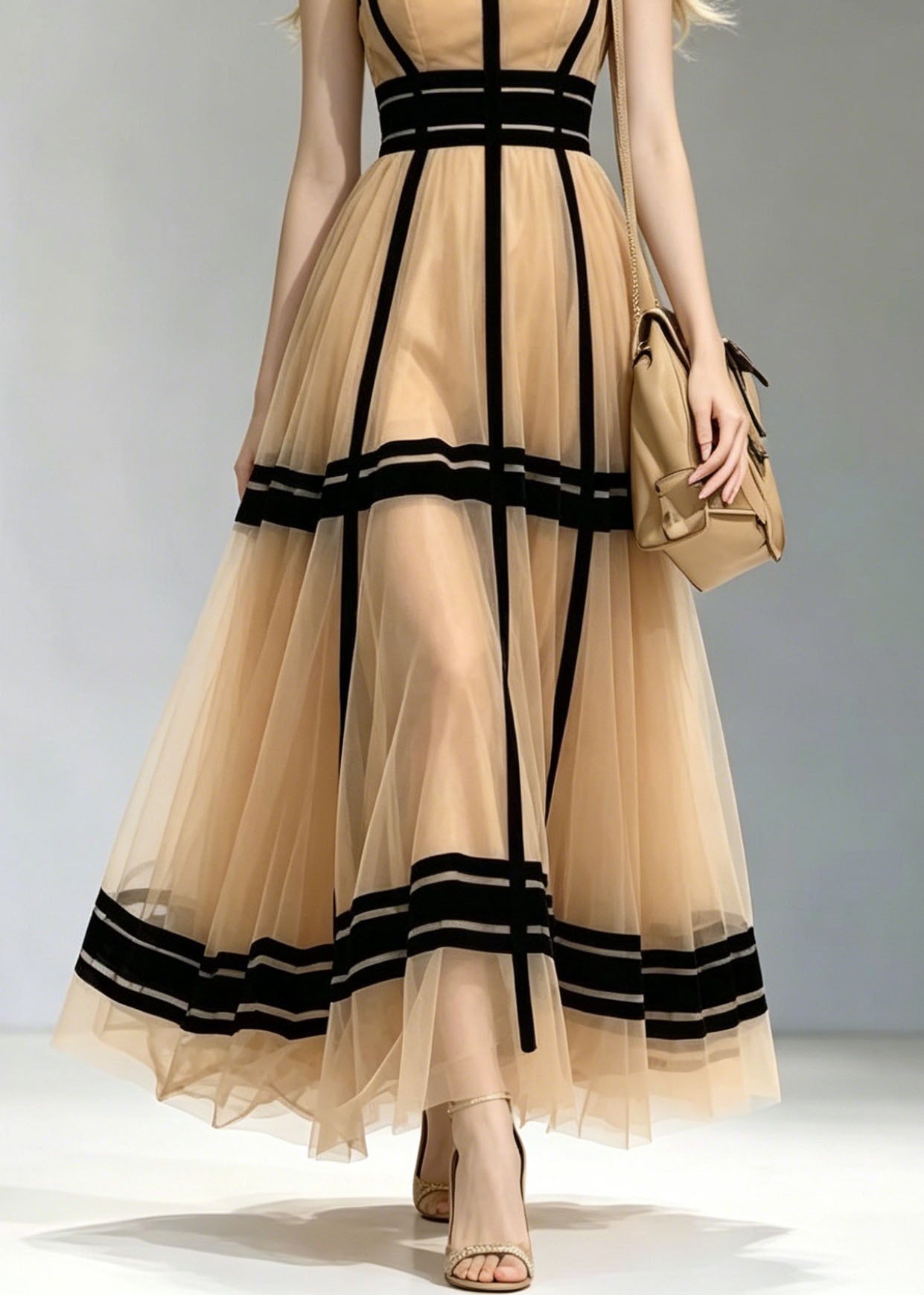 French Khaki Square Collar Patchwork Tulle Maxi Dress Summer 4