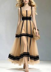 French Khaki Square Collar Patchwork Tulle Maxi Dress Summer 5