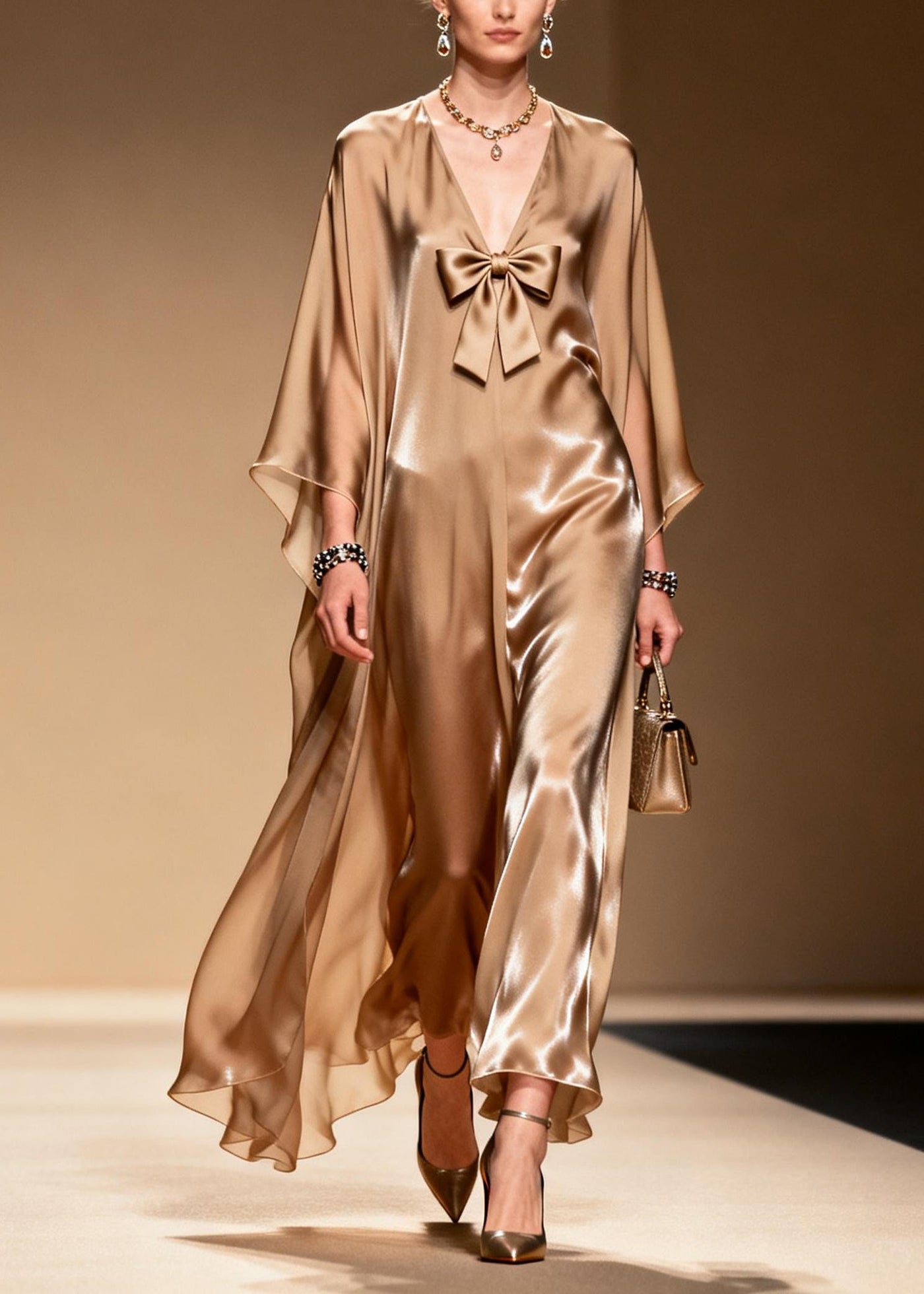French Khaki V Neck Bow Chiffon Maxi Dress Summer