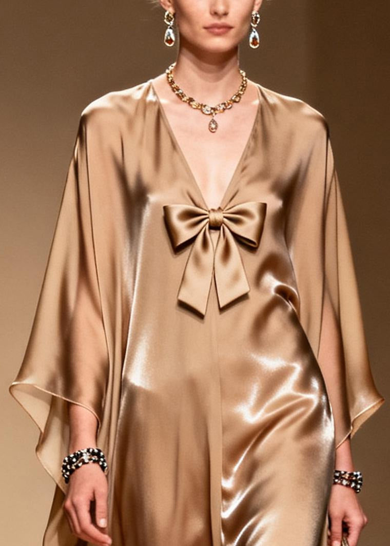 French Khaki V Neck Bow Chiffon Maxi Dress Summer 2