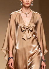 French Khaki V Neck Bow Chiffon Maxi Dress Summer 2