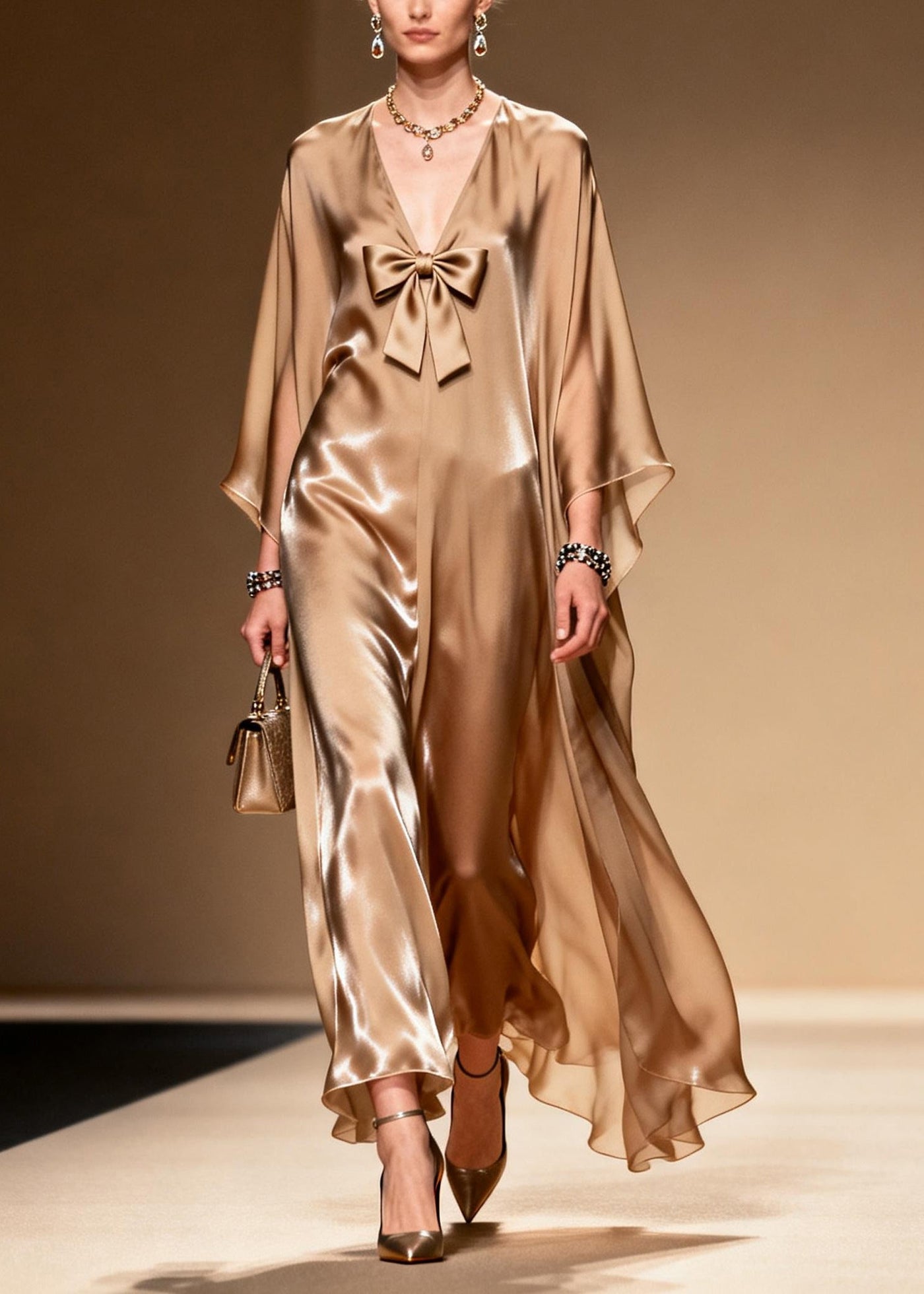 French Khaki V Neck Bow Chiffon Maxi Dress Summer 3