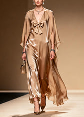 French Khaki V Neck Bow Chiffon Maxi Dress Summer 3