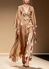 French Khaki V Neck Bow Chiffon Maxi Dress Summer 5