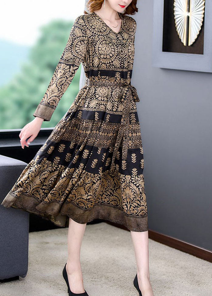 Mandala Print V-Neck Long Sleeve Belted A-Line Midi Dress