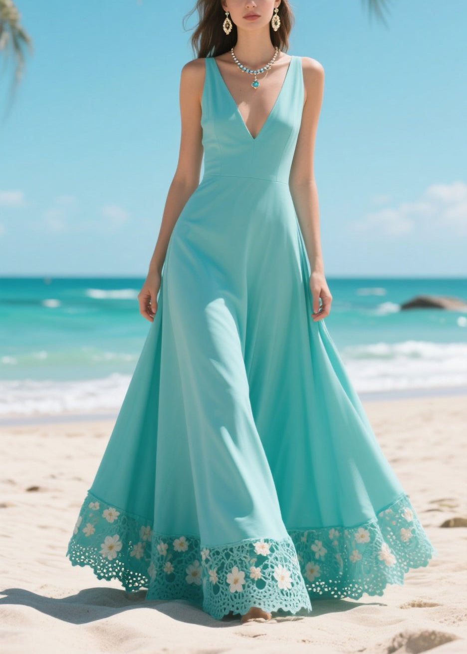 Deep V-Neck Wide Strap Floral Lace Trim Hem Flowy Maxi Gown