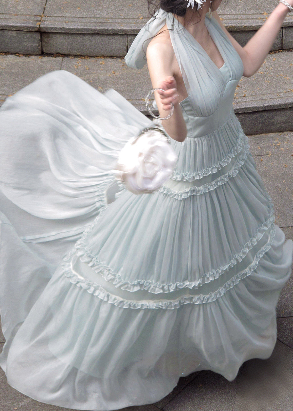 French Light Green Halter Ruffled Wrinkled Tulle Long Dresses Sleeveless