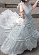French Light Green Halter Ruffled Wrinkled Tulle Long Dresses Sleeveless