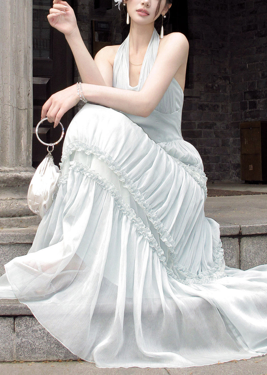 French Light Green Halter Ruffled Wrinkled Tulle Long Dresses Sleeveless 2