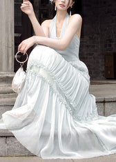 French Light Green Halter Ruffled Wrinkled Tulle Long Dresses Sleeveless 2