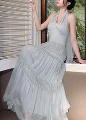 French Light Green Halter Ruffled Wrinkled Tulle Long Dresses Sleeveless 3
