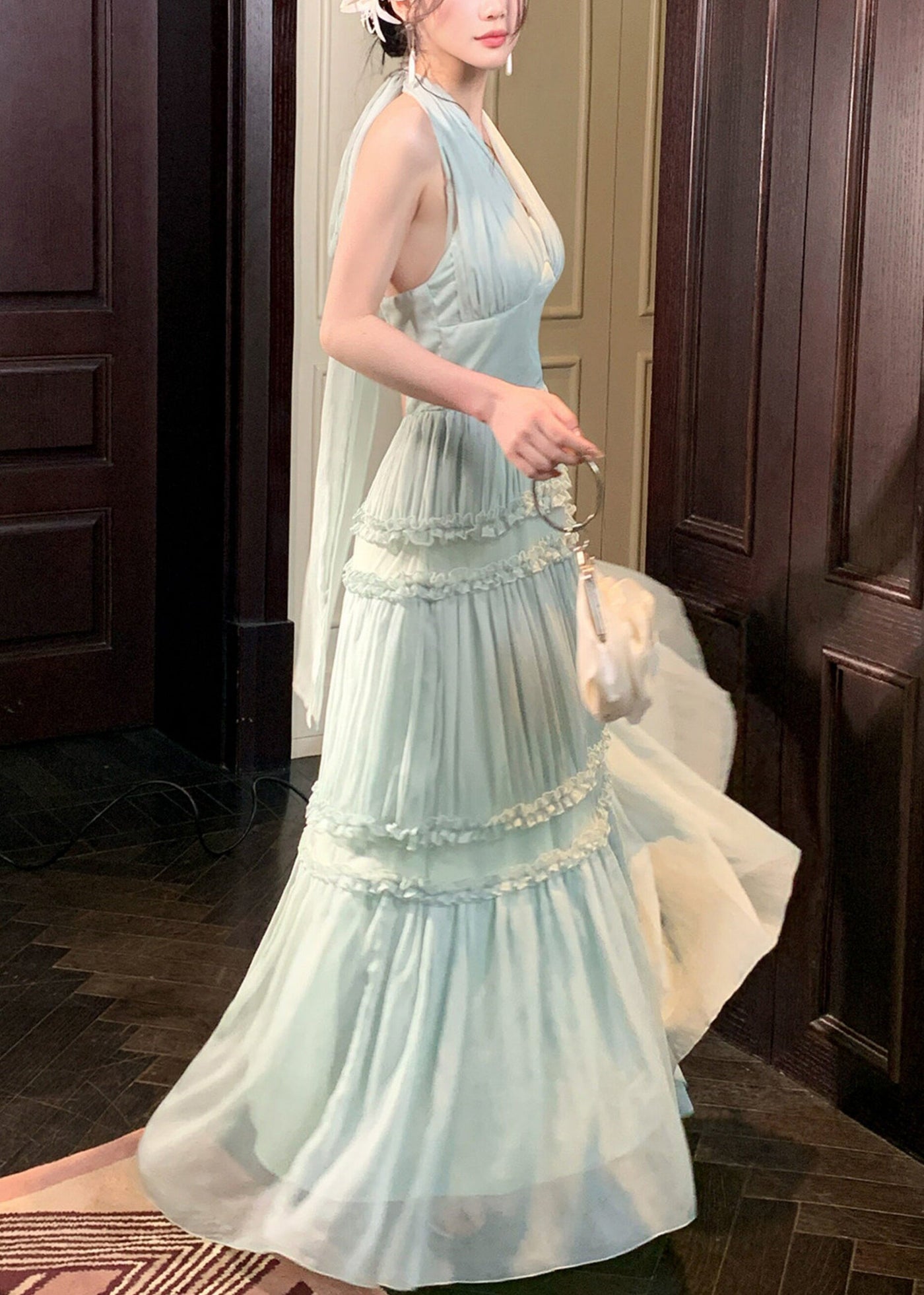 French Light Green Halter Ruffled Wrinkled Tulle Long Dresses Sleeveless 4