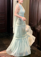 French Light Green Halter Ruffled Wrinkled Tulle Long Dresses Sleeveless 4