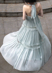 French Light Green Halter Ruffled Wrinkled Tulle Long Dresses Sleeveless 5