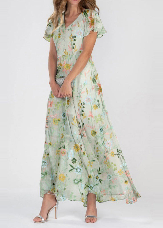 Chiffon Floral Embroidered V-Neck Button Front Flutter Sleeve A-Line Maxi Dress