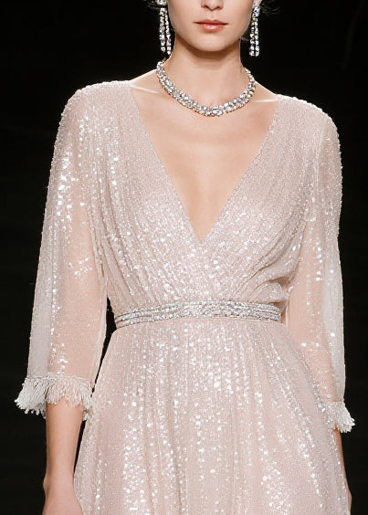 Sequin Deep V-Neck Wrap Tassel Hem Fit and Flare Mini Party Dress
