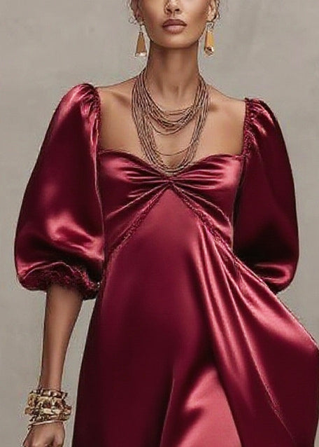 Satin Sweetheart Neck Puff Sleeve Ruffle Hem Tiered Midi Dress