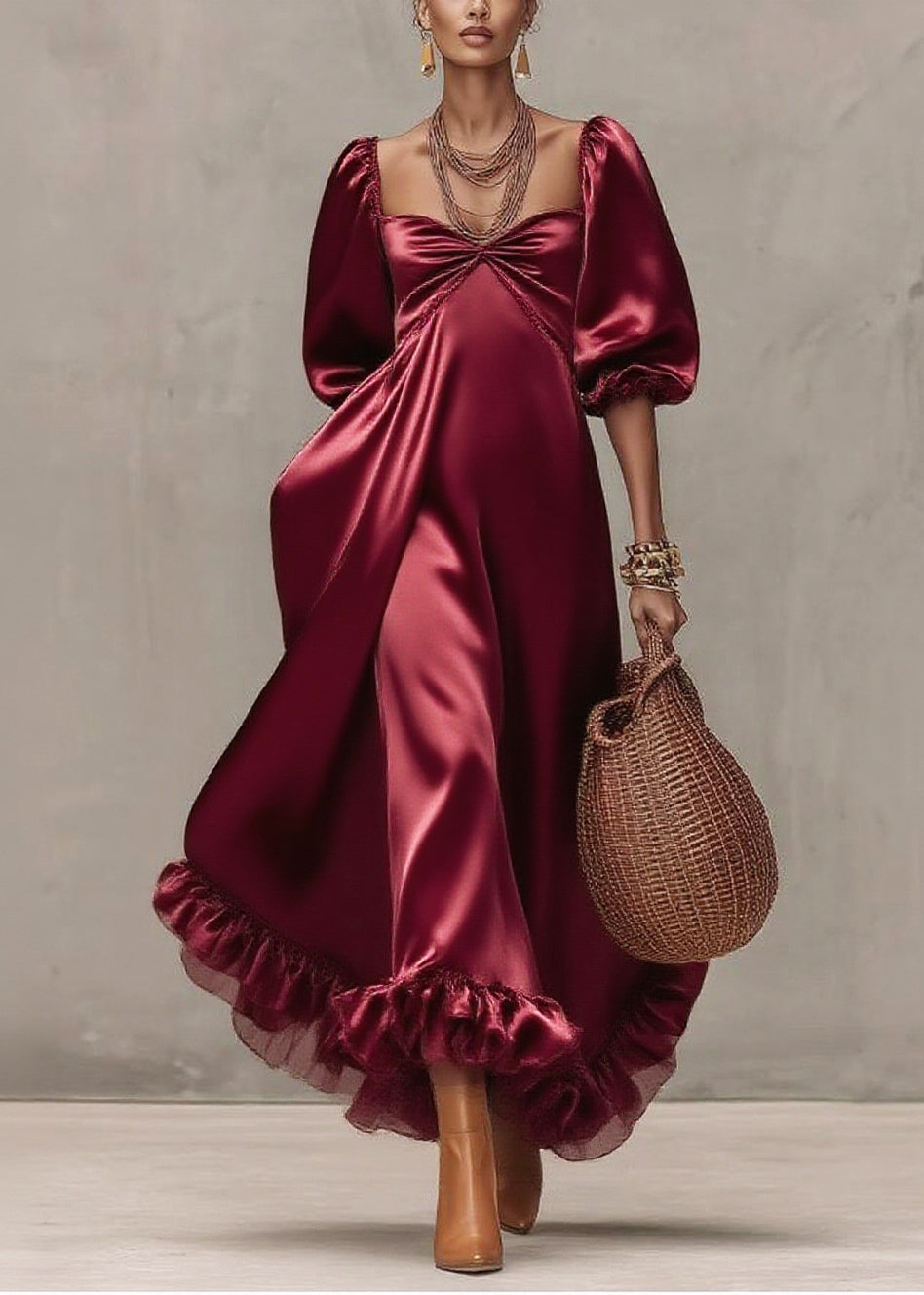 Satin Sweetheart Neck Puff Sleeve Ruffle Hem Tiered Midi Dress