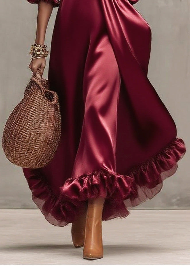 Satin Sweetheart Neck Puff Sleeve Ruffle Hem Tiered Midi Dress