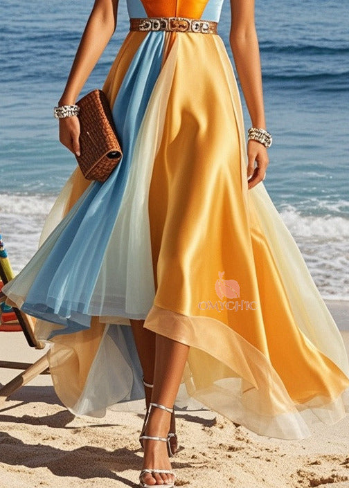 Spaghetti Strap Deep V-Neck Belted Panel High Low Mesh Hem Maxi Gown