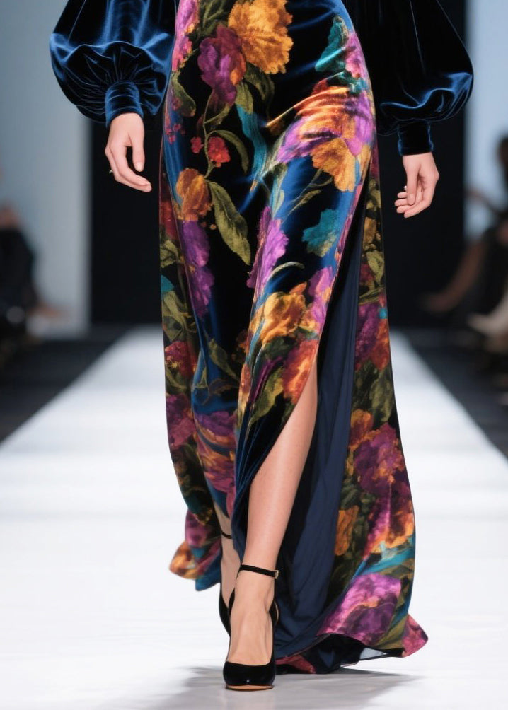 Velvet Floral Print Deep V-Neck Puff Sleeve High Split Maxi Gown