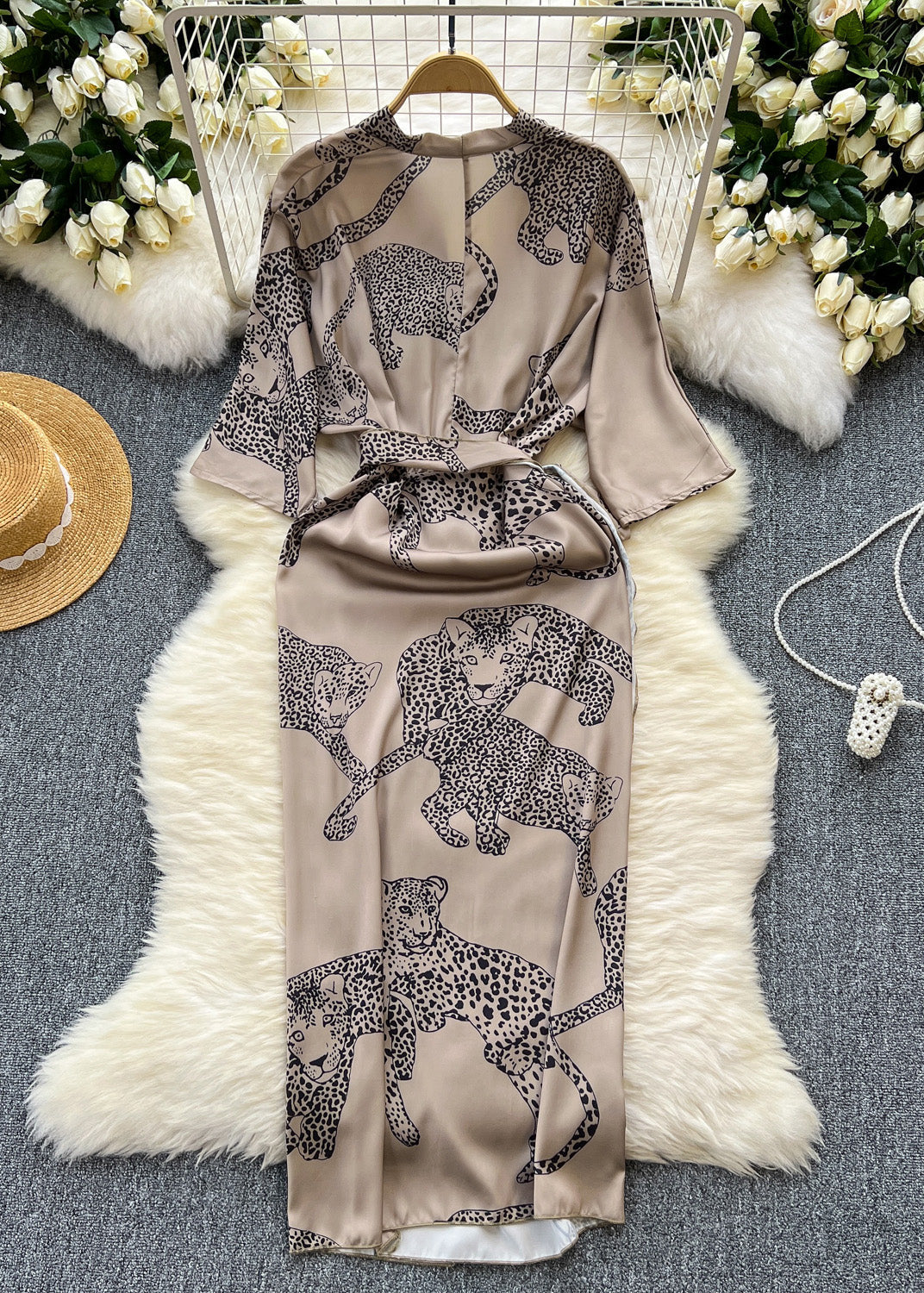 Animal Print Wrap Deep V-Neck Three Quarter Sleeve Midi Dress