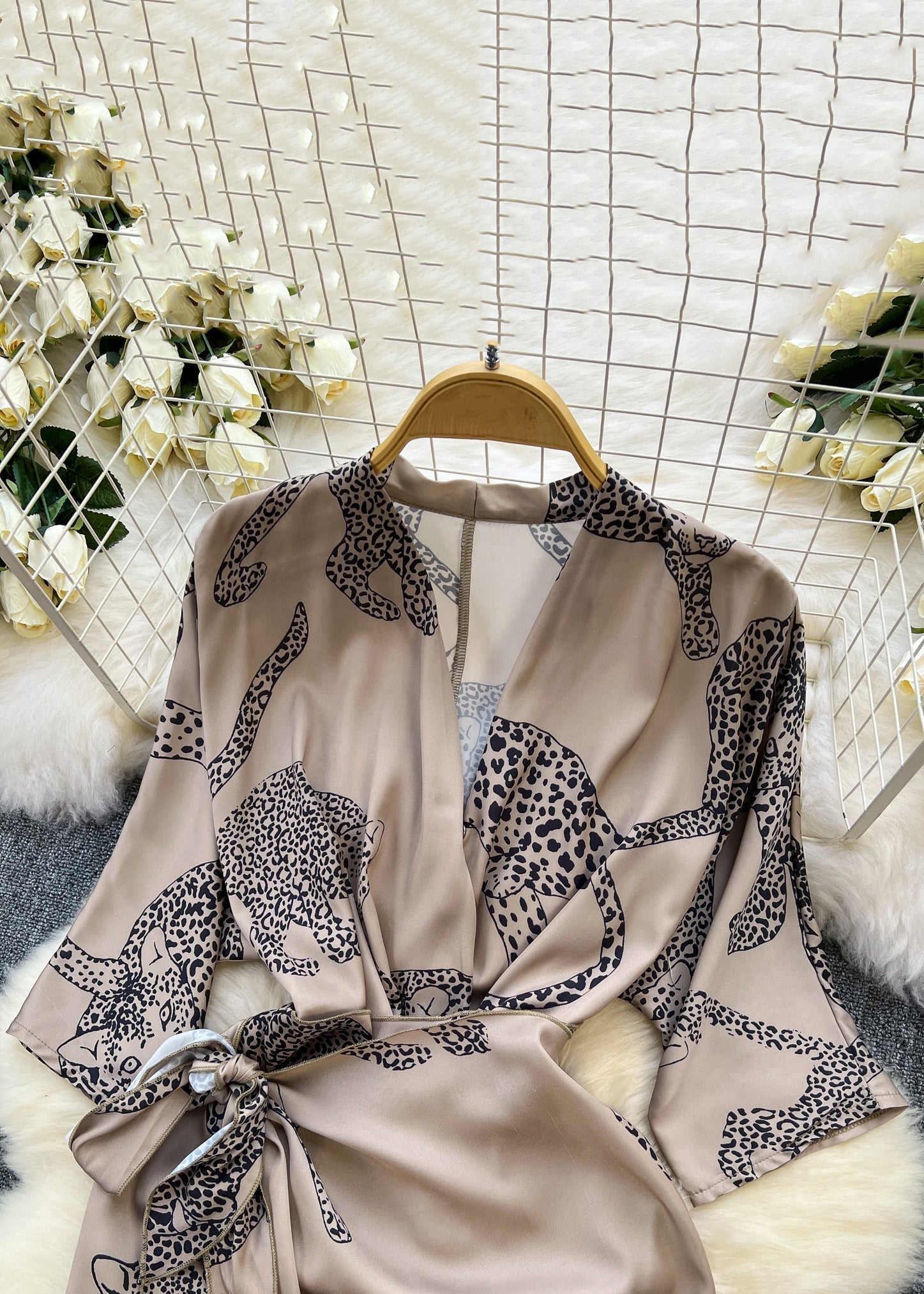Animal Print Wrap Deep V-Neck Three Quarter Sleeve Midi Dress