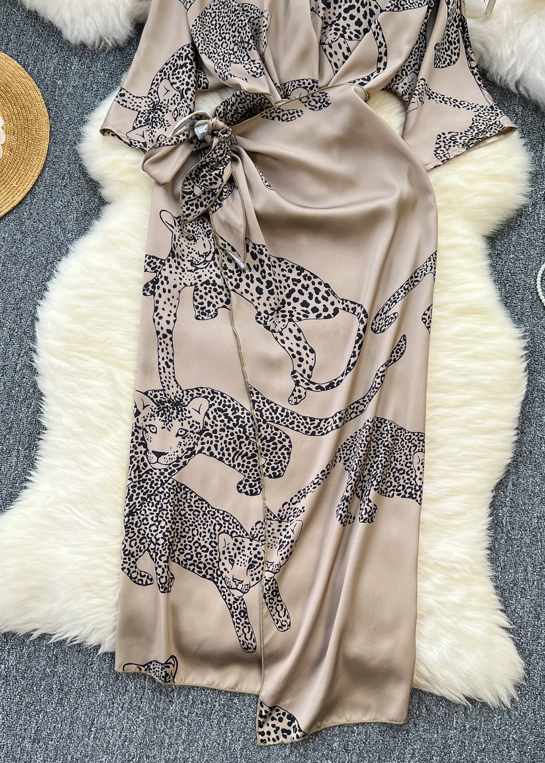 Animal Print Wrap Deep V-Neck Three Quarter Sleeve Midi Dress