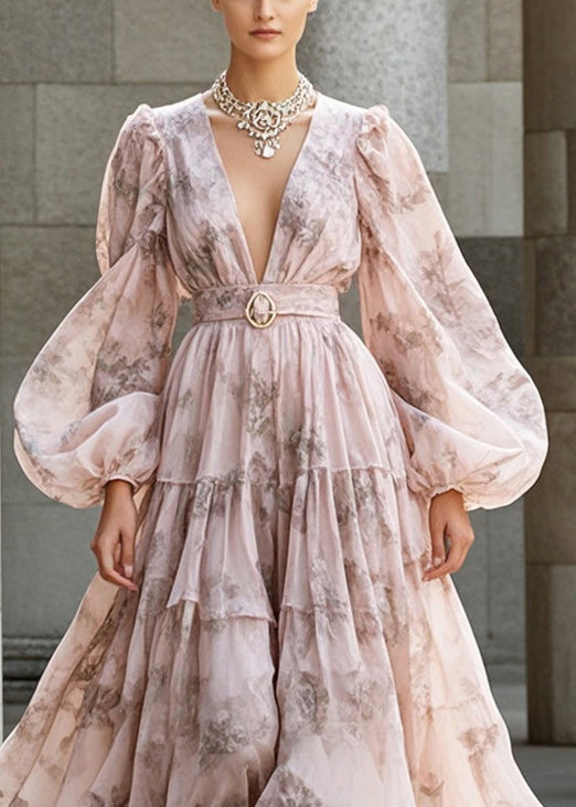 Floral Print Deep V-Neck Puff Sleeve Belted Tiered Maxi Dress