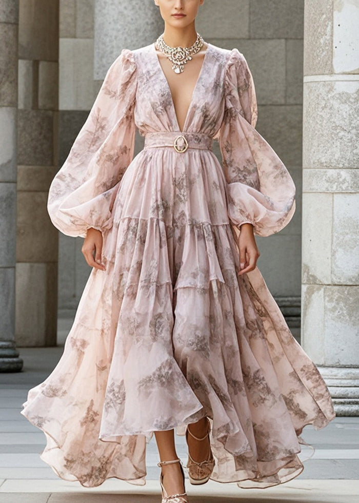 Floral Print Deep V-Neck Puff Sleeve Belted Tiered Maxi Dress